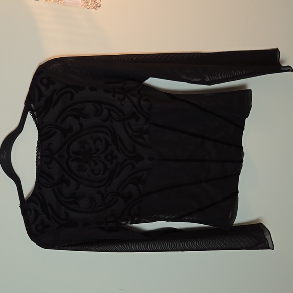 Devil Fashion Gothic Damask black sheer & velvet long sleeve top - Picture 3 of 12